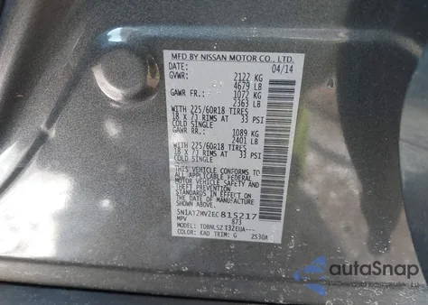 2014 Nissan Rogue Sl z USA, uszkodzony, nr VIN 5N1AT2MV2EC815217